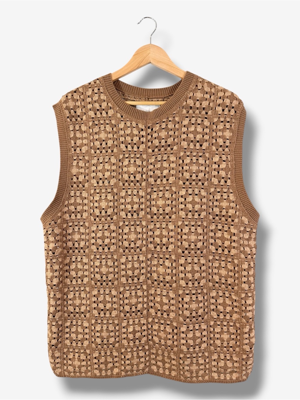 PacSun Brown Tan Crochet Knit Sweater Vest Size L Boho Layering
